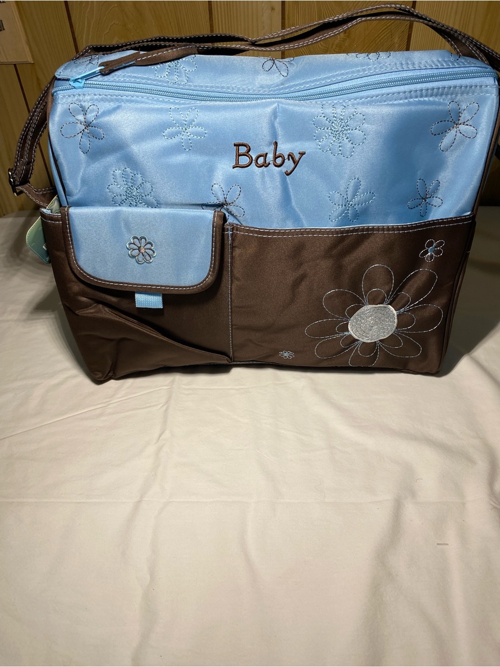 Blue and Brown Floral Baby Diaper Bag - Baby Embroidered Organizer